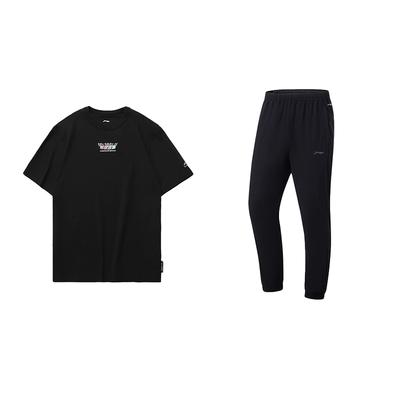 Li Ning Comfortable Soft Straight Leg Short Sleeve Top Quick Dry Mid Waist Long Pants Casual Sports Suit Unisex Suit Black AHSU969-2+AYKU835-1