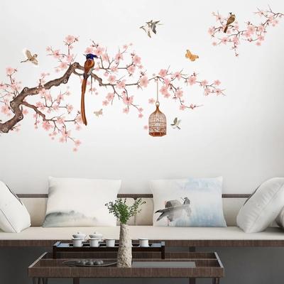 Nieuwe Chinese Stijl Bloem Vogel Illustratie Muursticker Woonkamer Bank Achtergrond Decor Decals Behang Woondecoratie S