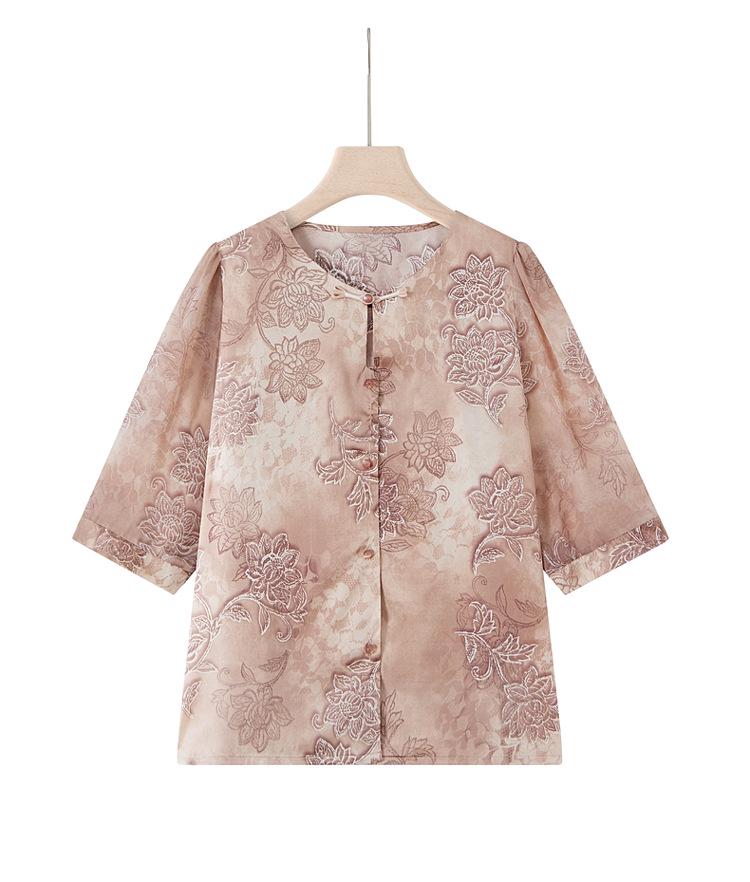 Mom's Chinese Style Blouse: Summer 2025 Chiffon Seven-Sleeve Top for Middle-Aged and Elderly Women