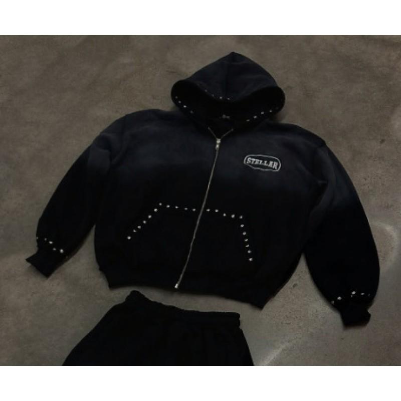 Winter Hip Hop Star Print Hoodie Loose Fit Zip Up Sweatshirt Men Women