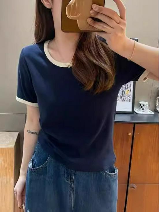 Women's Fashion Slimming Color Block U-Neck T-Shirt