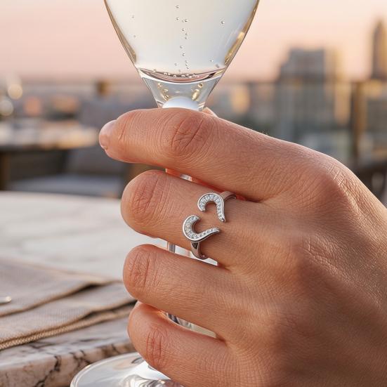 Women Ring Adjustable Open Heart Shape Finger Ring with Cubic Zirconia Semi-Inlaid Design Formal Wear Jewelry Gift