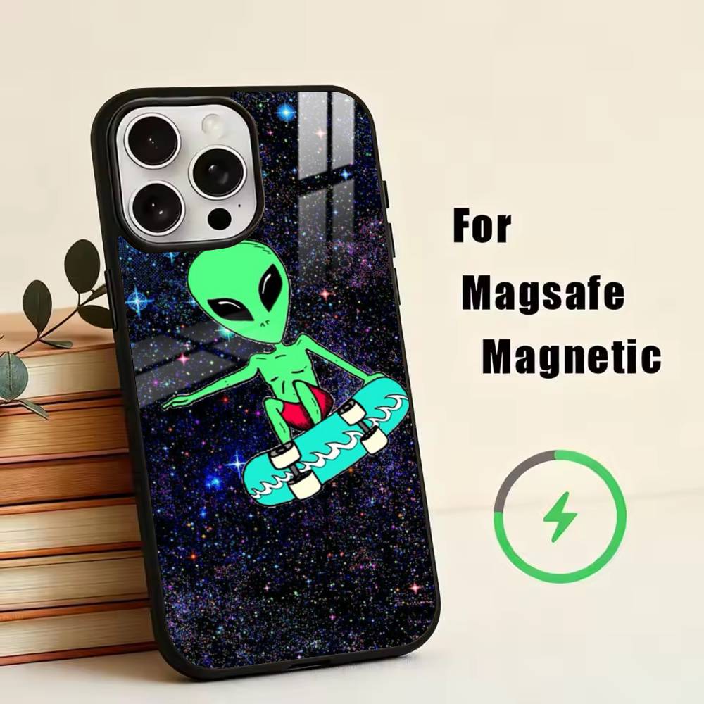 U- Funny Space UFO Alien Phone Case For iPhone17,16,15,14,13,12,11 Plus,Pro Magnetic with Magsafe Wireless Charging
