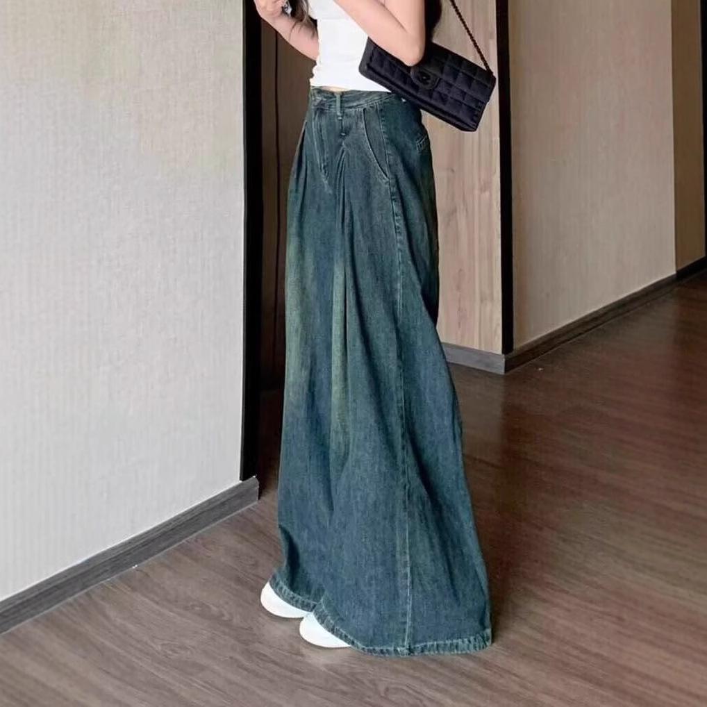 

2025 Autumn Women s Korean Pleated High-Waist Wide-Leg Jeans Small