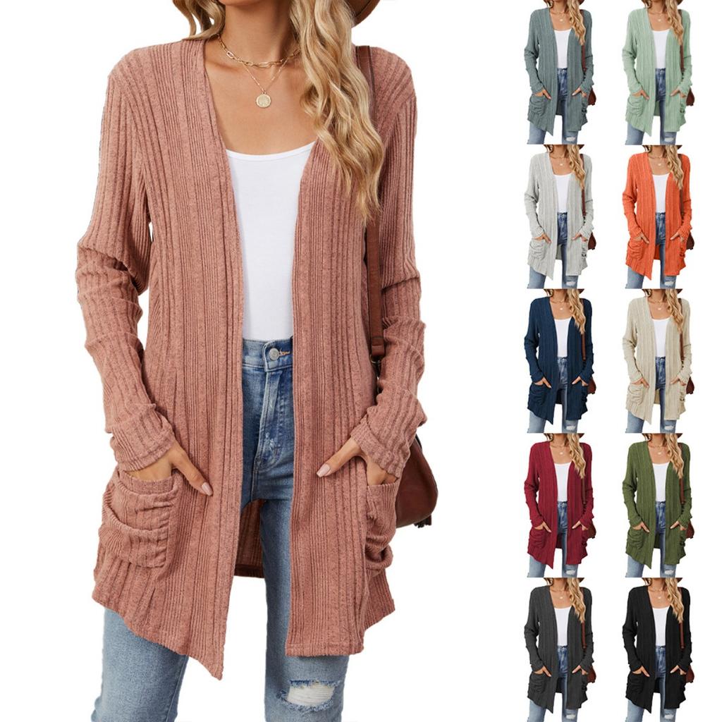 Fall Winter Women's Solid Color Ribbed Brushed Pocket Cardigan Long Sleeve Jacket, Leisure Foreign Trade for Europe America