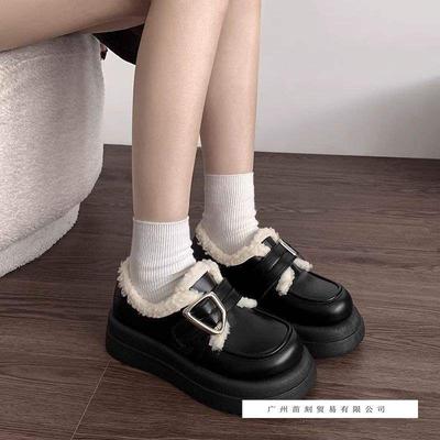 Fleece-Plateauschuhe im britischen Retro-Stil, kleine Lederschuhe für Damen, Herbst- und Ganzjahresschuhe aus Baumwolle, französische Slipper mit einem Pedal