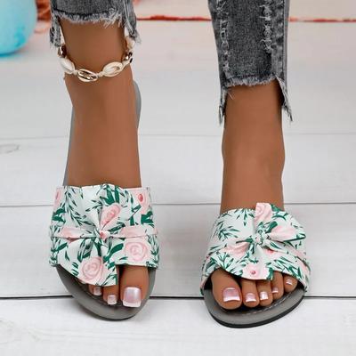 Pantoufles d'été pour femmes 2024 Élégantes avec nœud Designer Mignon Sandales plates imprimées Vacances en extérieur Plage Tongs à bout ouvert pour femmes