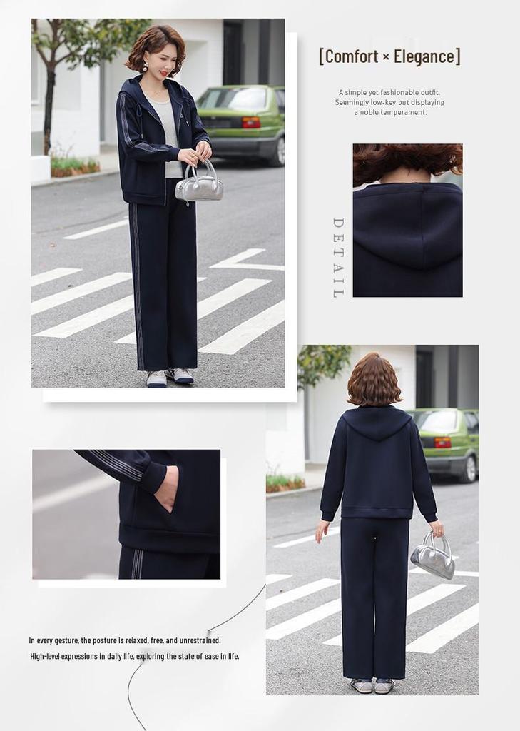Mom's Spring & Autumn 2026 Women's Casual Hooded Two-Piece Sportswear Set - Ideal for Middle-aged and Elderly