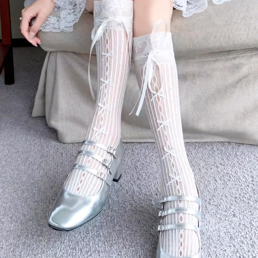 Süße Ballett-Spitzensocken für Mädchen mit Schleife – Weißes Netzmuster
