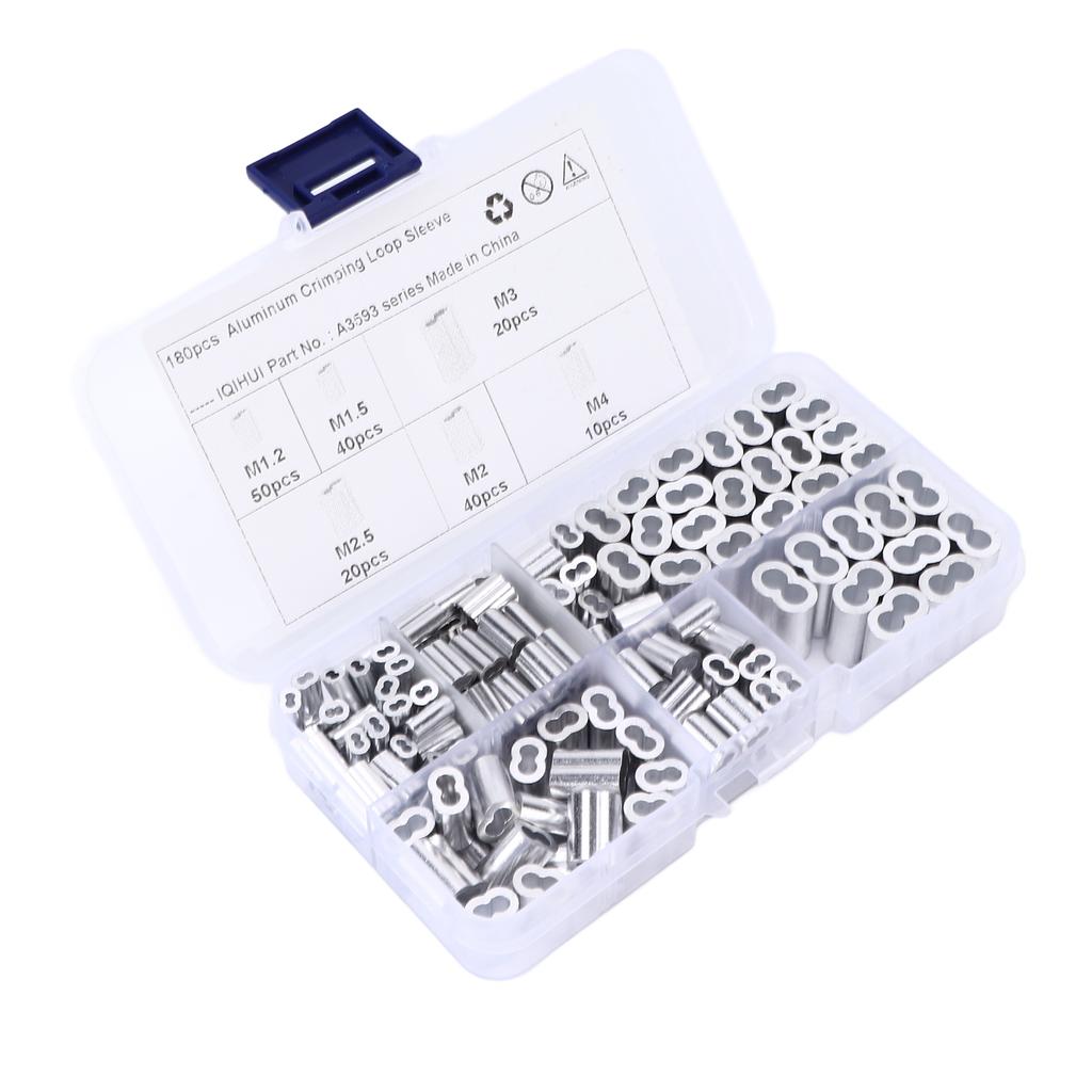 180pcs Crimping Loop Sleeve Kit 6‑Size Aluminum Double Barrel Ferrule Universal for Wire Rope Cable 