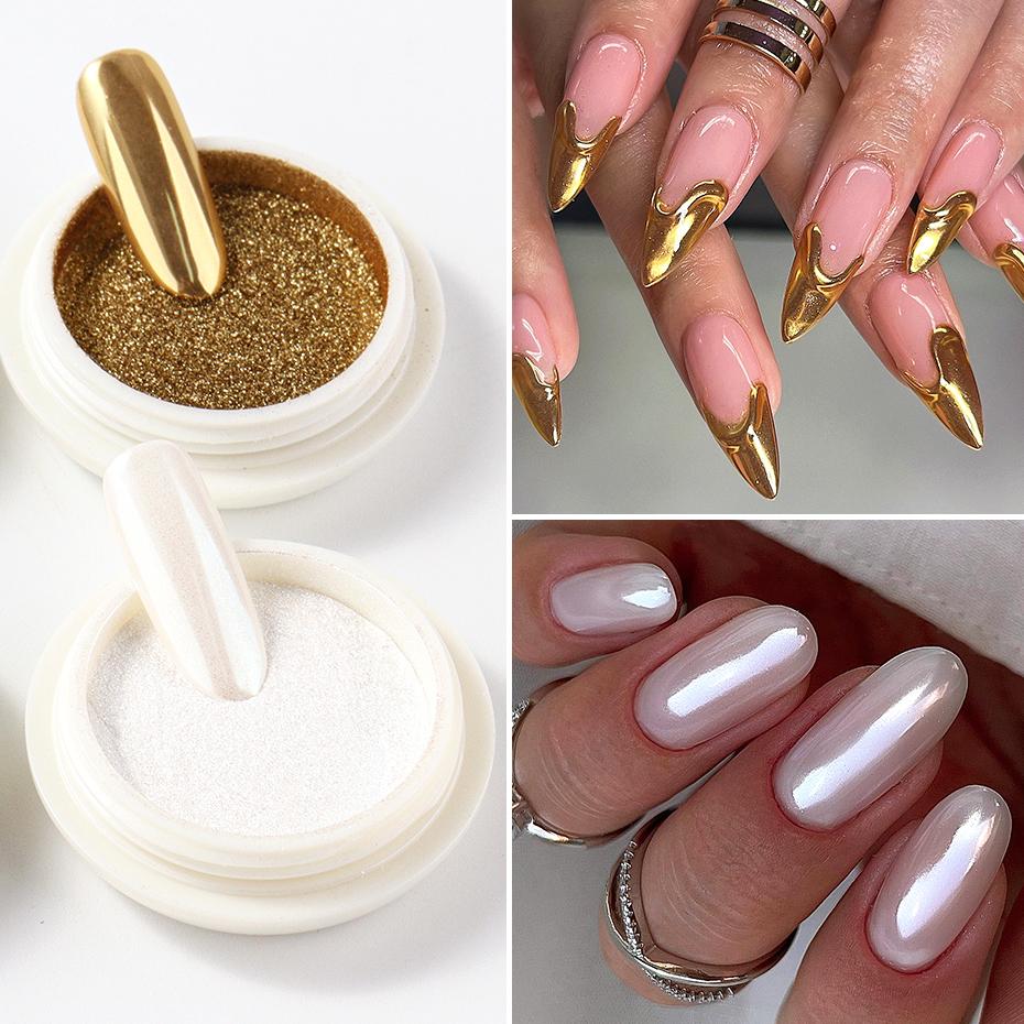 6pz Specchio Cromato Bianco Polvere Pigmento per Unghie Oro Argento Strofinare Olografico Aurora Iridescente Metallico Nail Art Potenza Decorazione