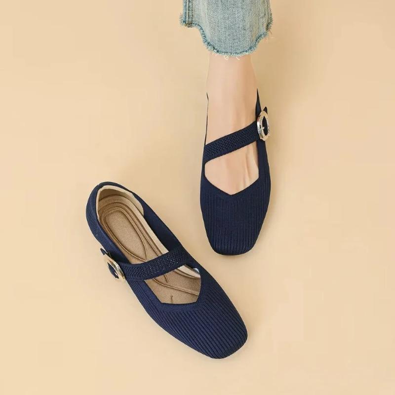 Fashion Women Flat Shoes Square Toe Shallow Mouth Mary Jane Knitted Single Shoe Flat Bottom Soft Sole Casual Shoes Flats Shoes Women