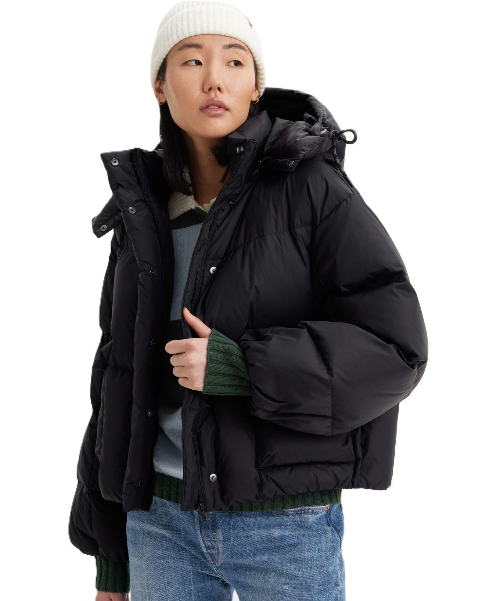 

Levi s Puffer Jacket WESTERN Insulated Puffer Detachable Hood Bubble Short Jacket Women s A8527-0003 US S
