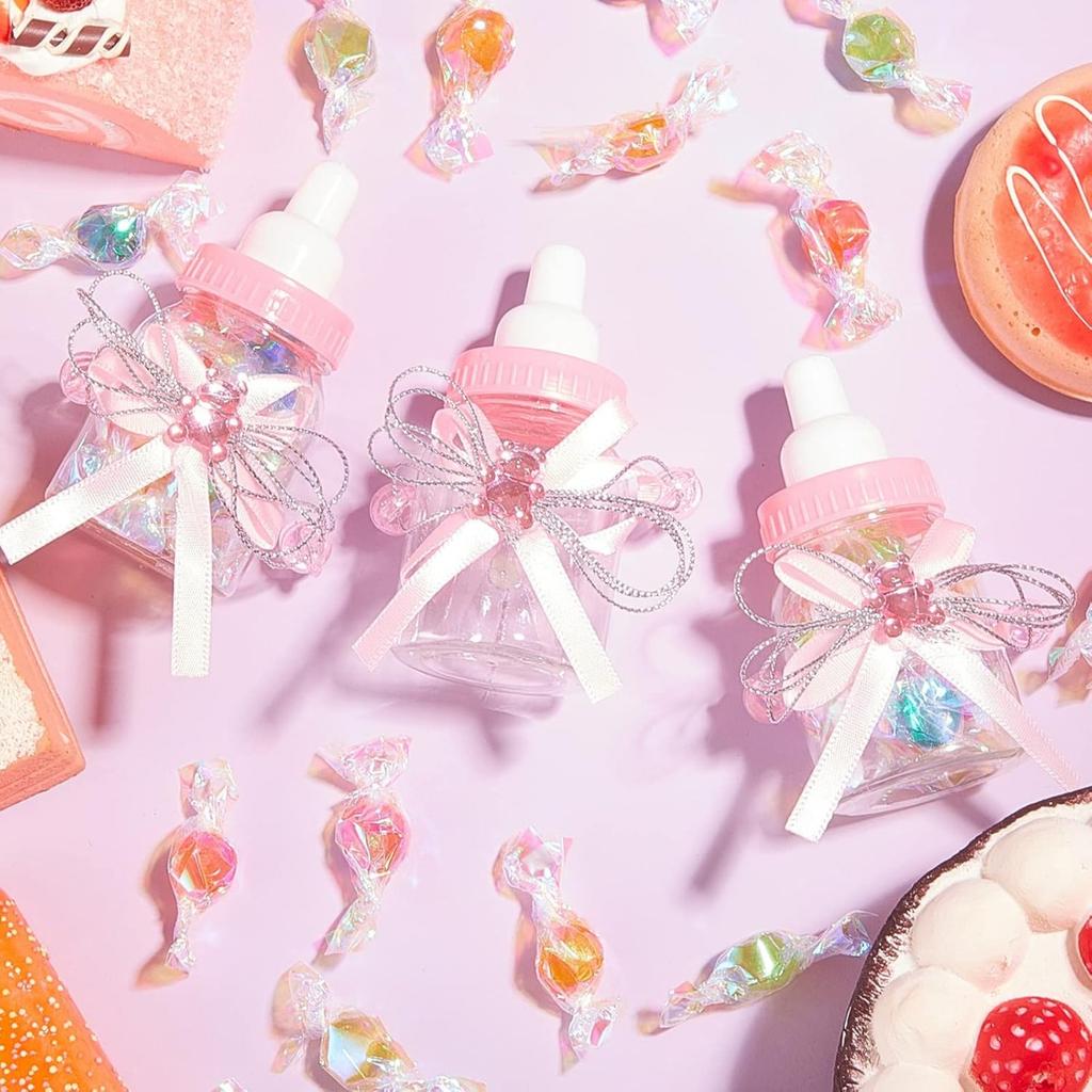 12 Pcs Baby Shower Bottles Mini Milk Bottle Plastic Bear Candy Bottles with Ribbon Baby Shower Wedding Gift for Guest