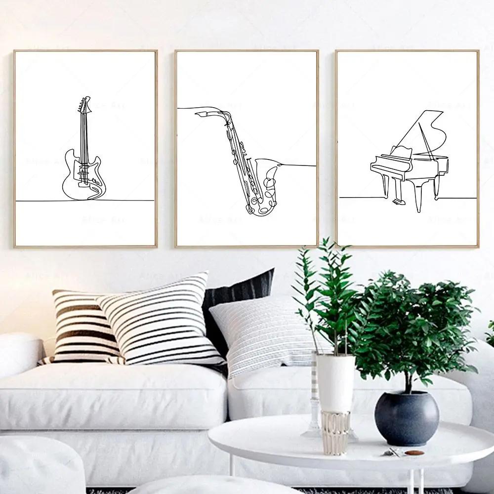 Draw Wall Art Canvas Poster Music Print Nordic Piano Guitar Saxophone Line Abstract Minimalist Painting Picture Living Room Deco