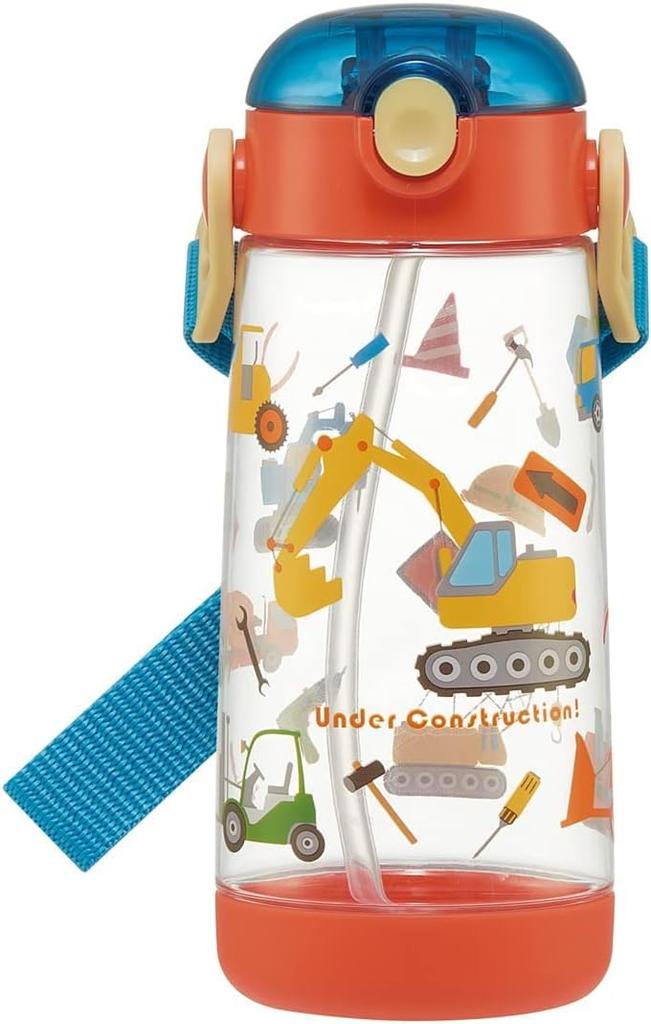 Skater Kids' Water Bottle with Straw, Clear, 480ml, One-Touch Silicone, Working Vehicle Design, for Boys and Girls, PDSH5-A