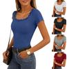 Women T-shirt Square Collar Lace Splicing Neckline Short Sleeve Pullover Tops Pure Color