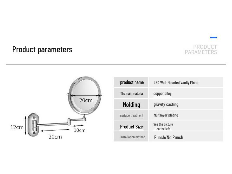 8-Inch Double-Sided LED Makeup Mirror: Wall-Mounted, Folding, Retractable, Lighted, Magnifying, Rechargeable Bathroom Vanity Mirror.
