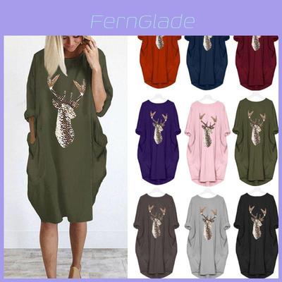Women's Christmas Deer Pattern Printed Round Neck Dress With Full Sleeves And Stylish Design