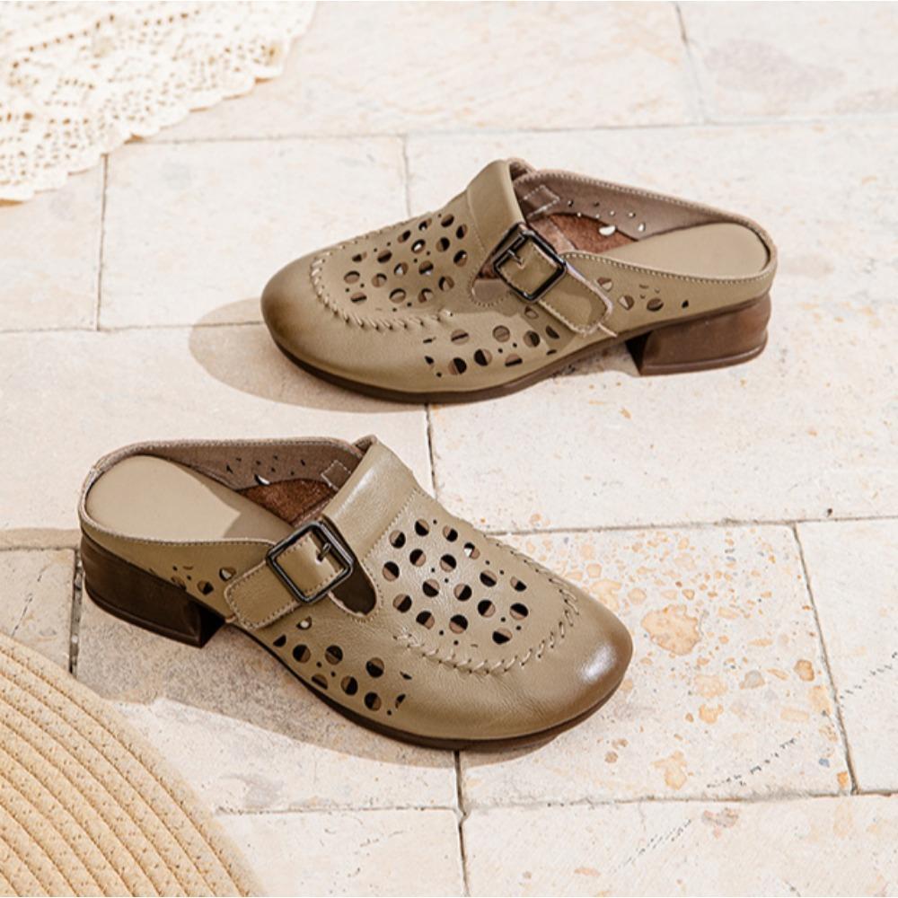 Mode Baotou Hausschuhe Damen Sommer Neu Grober Absatz Hausschuhe Damen Atmungsaktiv Ausgehöhlt Mittelalte Ältere Frauen Outdoor Hausschuhe