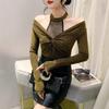 Hollow Off-the-shoulder Bottoming Shirt Women's Splicing Kink Slim-fitting Long-sleeved T-shirt Top
