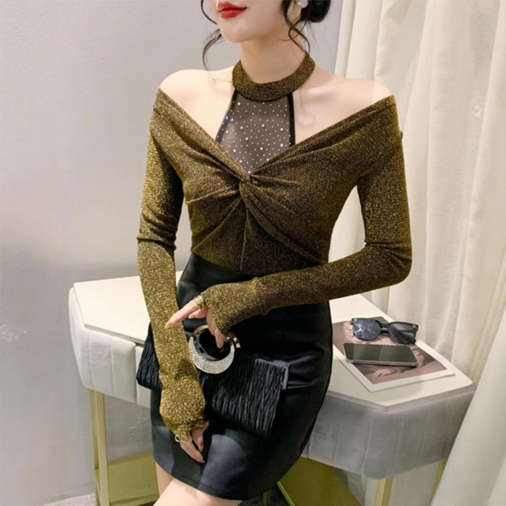 Hollow Off-the-shoulder Bottoming Shirt Women's Splicing Kink Slim-fitting Long-sleeved T-shirt Top