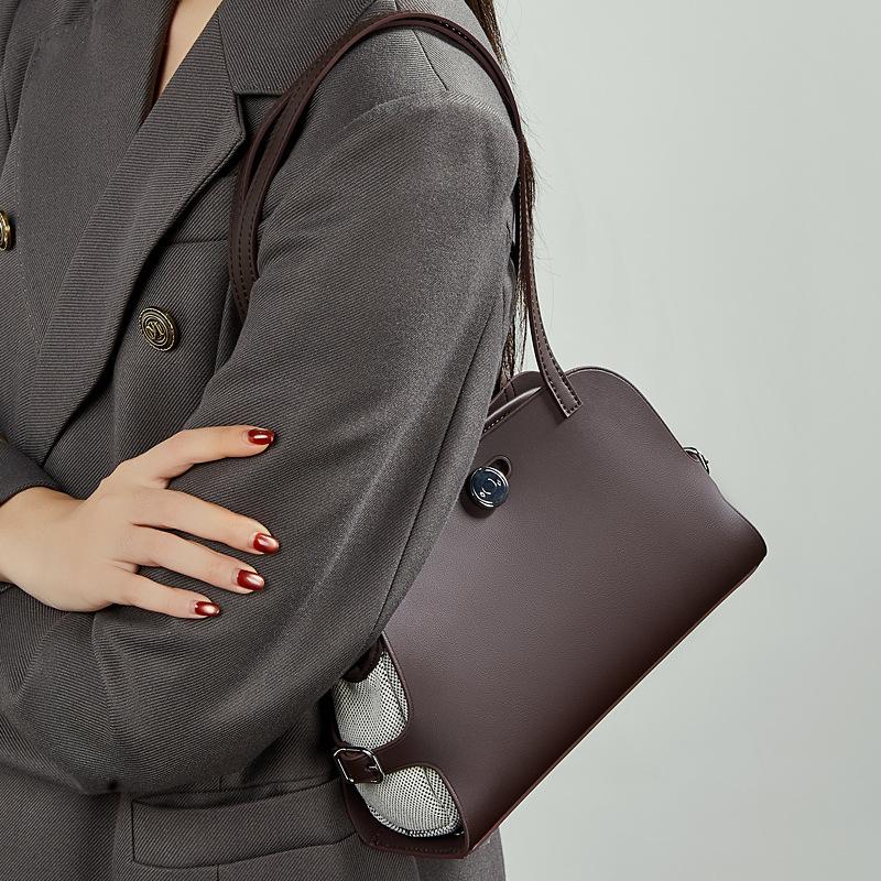 Genuine Leather High Version Color-Block Shoulder Bag Old Money Style High-End Shell Bag Retro Fashion Genuine Leather Underarm Bag Women's Bag