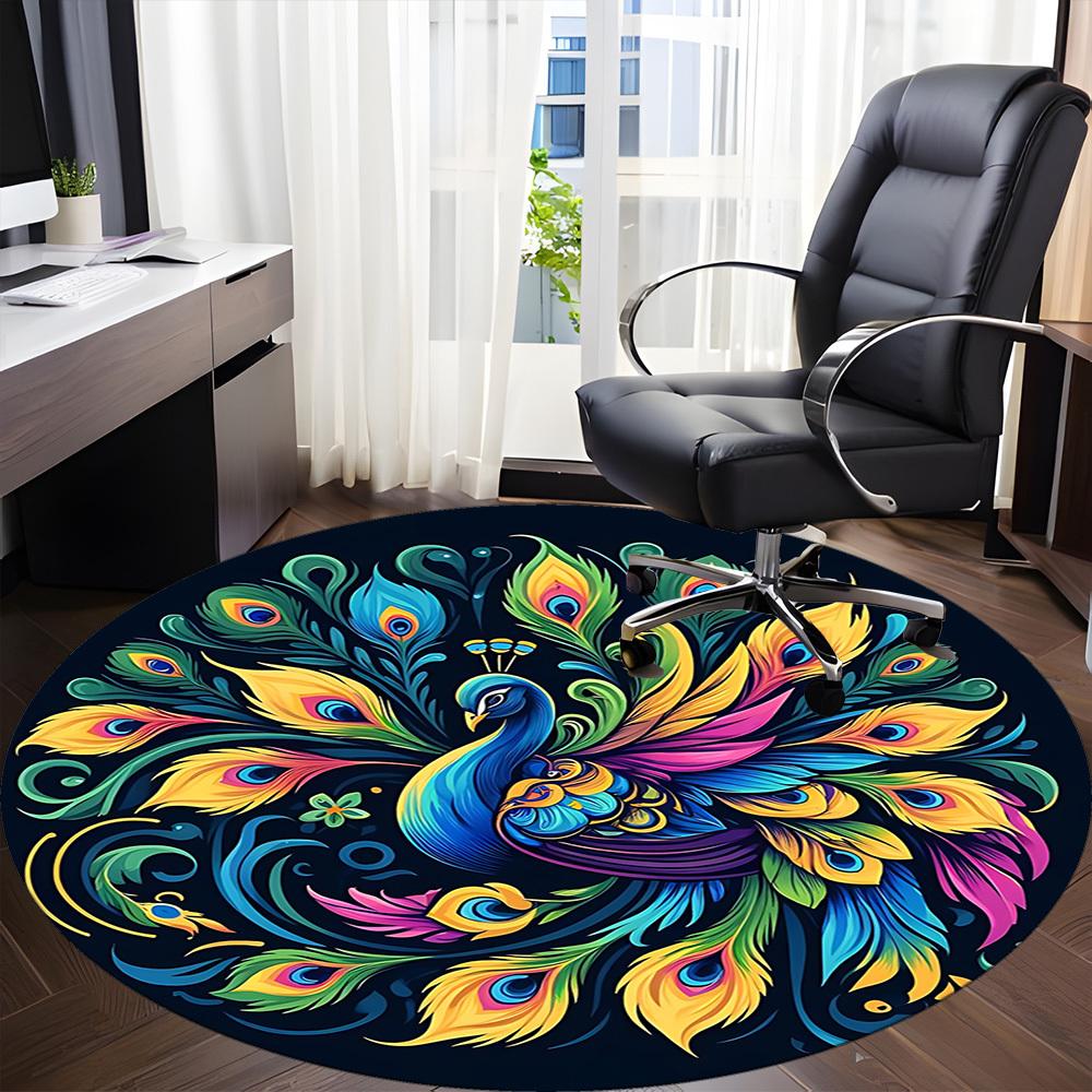 1PC Peacock Feather Design Office Round Rug, Non slip, Soft and Durable Office Rug for Interior Decoration, Perfect for Office