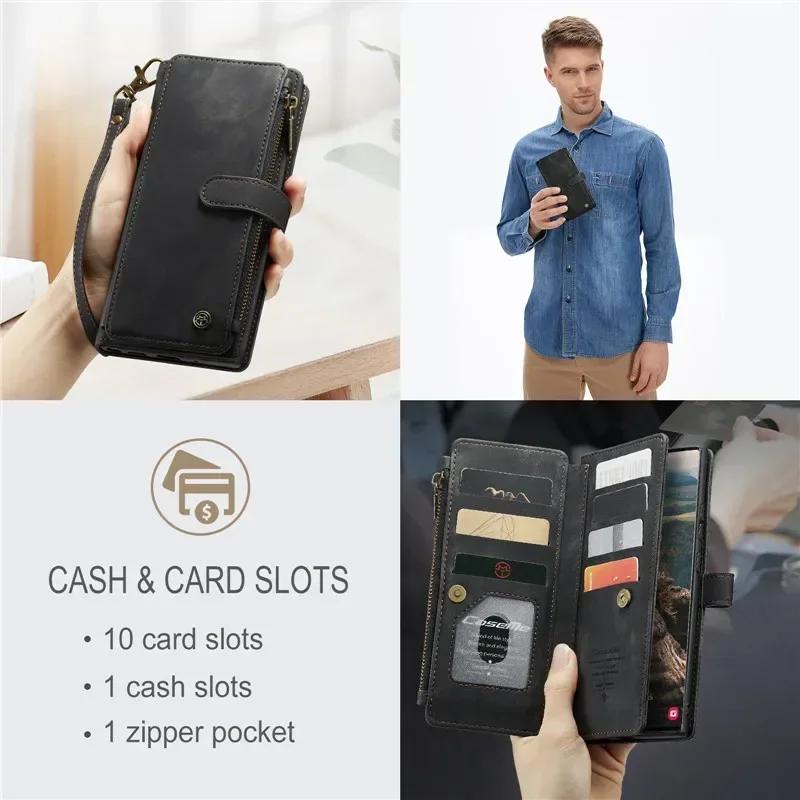 CaseMe Flip Leather Phone Case For Samsung Galaxy S26 Ultra S25 Edge S24 FE S23 S22 S21 S20 Plus S10 Note 20 Ultra Zipper Wallet Card Bag Cover Coque