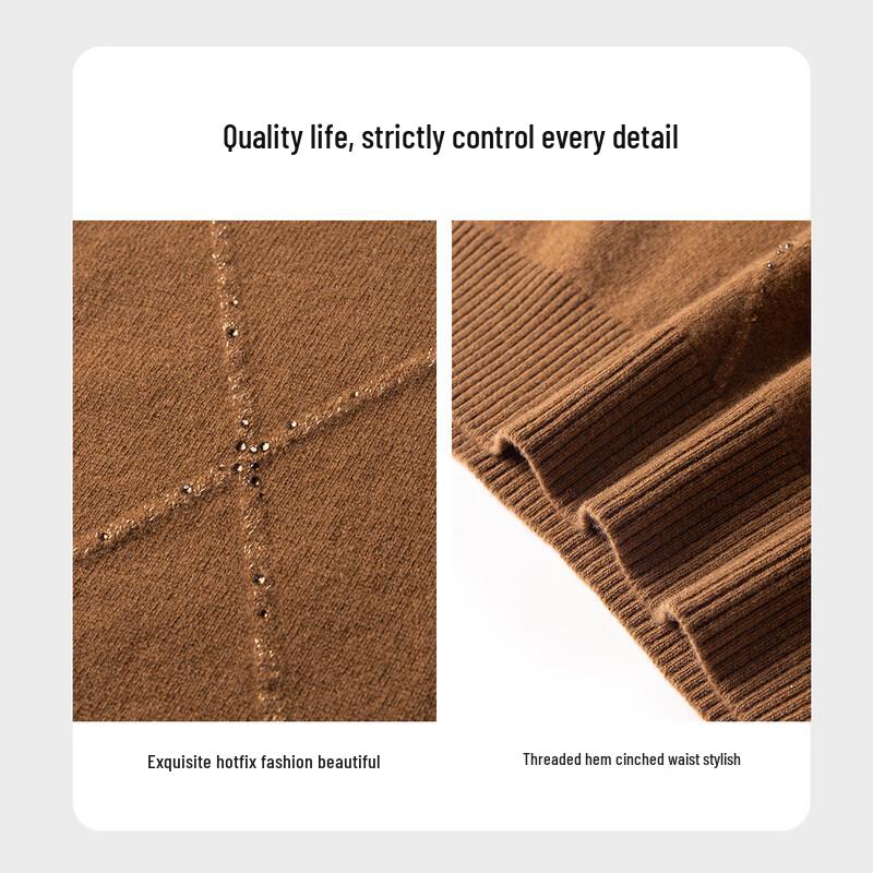 TUHUANG Women's Pure Wool Argyle Rhinestone Turtleneck Sweater