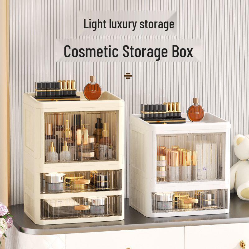 Foldable Double Door Skincare Organizer with Drawers and Multi-Layer Storage