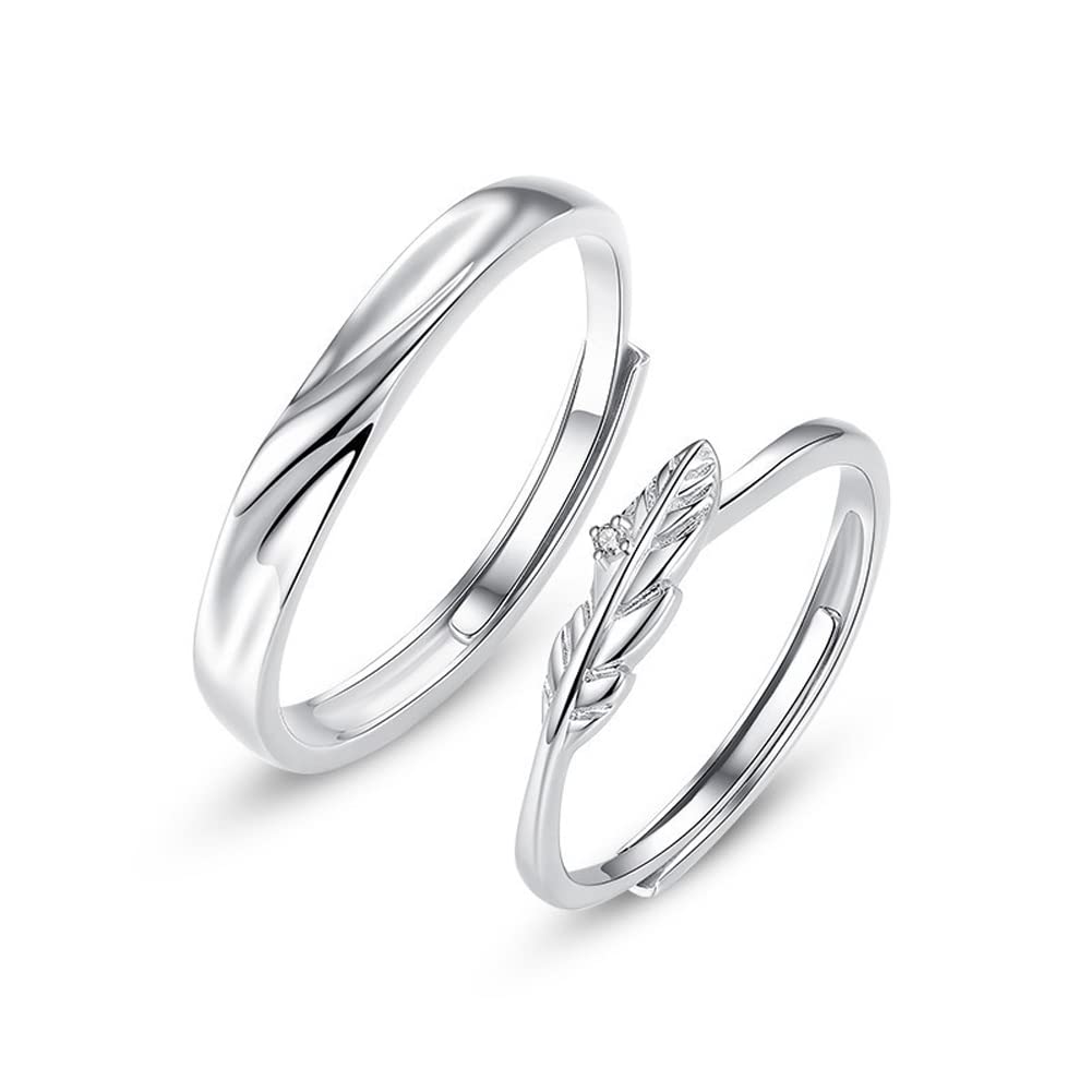 Set of and Sterling Silver Feather Feather Adjustable Engagement Wedding Fashion Accessory [Rockyu] Couple s Rings, 2, Men s Women s, 925, Zirconia,