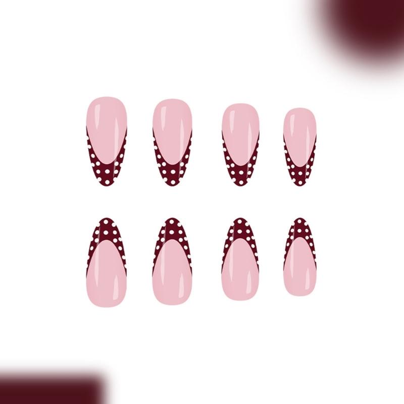 White Polkas Dot French Manicure False Nail Wine Red Almond Shaped Press On Nail 24PCS Durability Design Easy Application