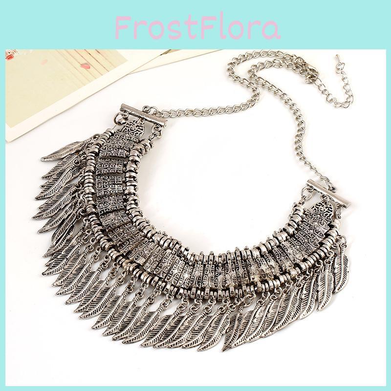 Plated Silver Retro Pendant Necklace With Carved Leaf Tassel Design For Gifts