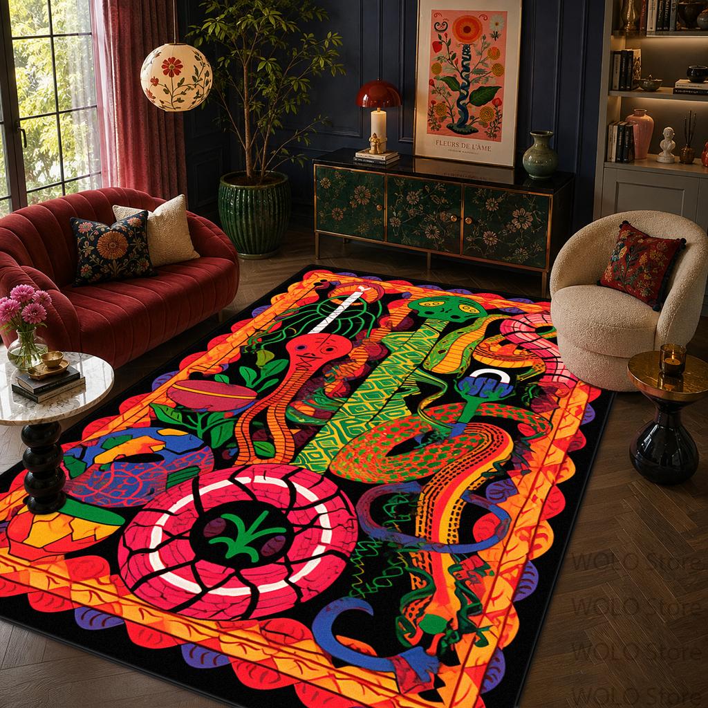 Bohemian Retro Floral Snake Print Living Room Carpet Machine Washable Easy Clean Lounge Rug Fluffy Soft Bedroom Decoration Mat