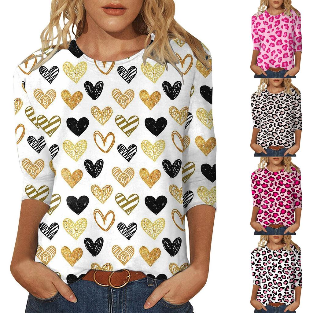 Women's Fashion Casual Three Quarter Sleeve Valentine's Day Printed Round Neck Pullover Top Blouse