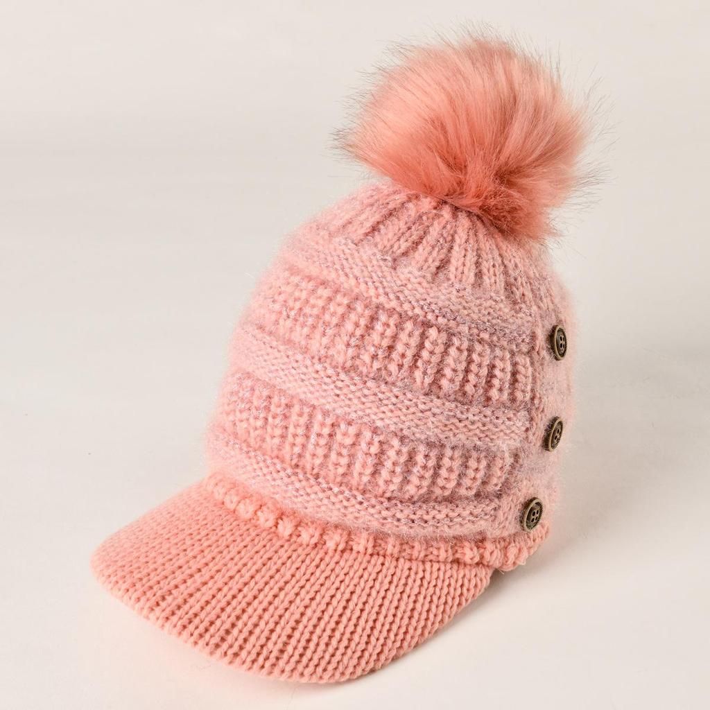 Autumn Winter Women Button Plush Thickened Warm Duck Tongue Big Wool Ball Knitted Wool Hat