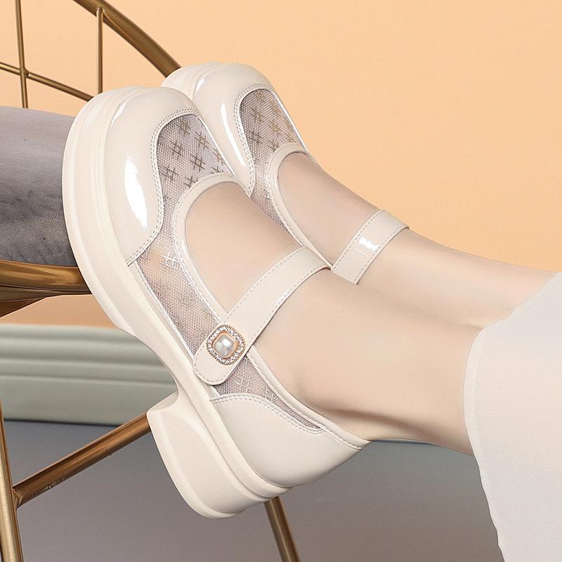 

5cm Comfortable Breathable Mesh Leather Shoes Women Mary Janes 2025 Spring Summer Med Block Heels Shoes Platform for Office Mom 35