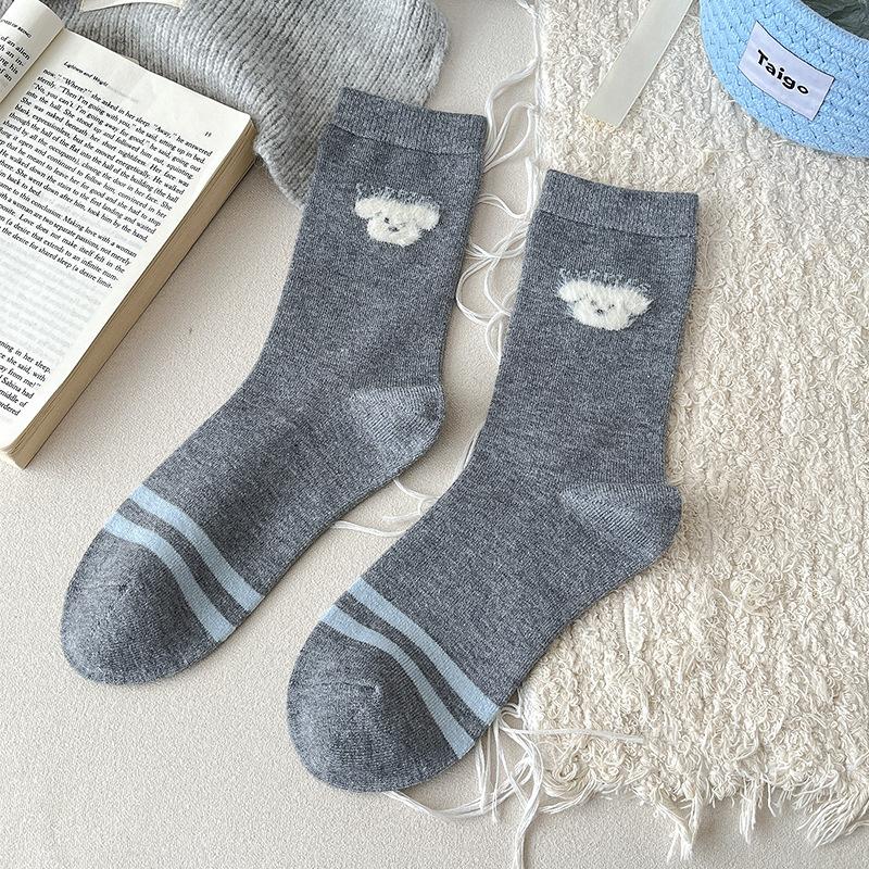 Socks, Autumn and Winter Socks, Boneless Socks, Women's Warm Wool Socks, Cute Polka Dot Striped Puppy Mid-calf Socks, Versatile Women's Socks