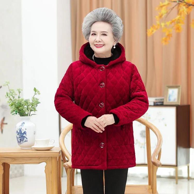 Winter Warm Corduroy Cotton Jacket Women Hooded Solid Temperament Tops Middle Age Mom