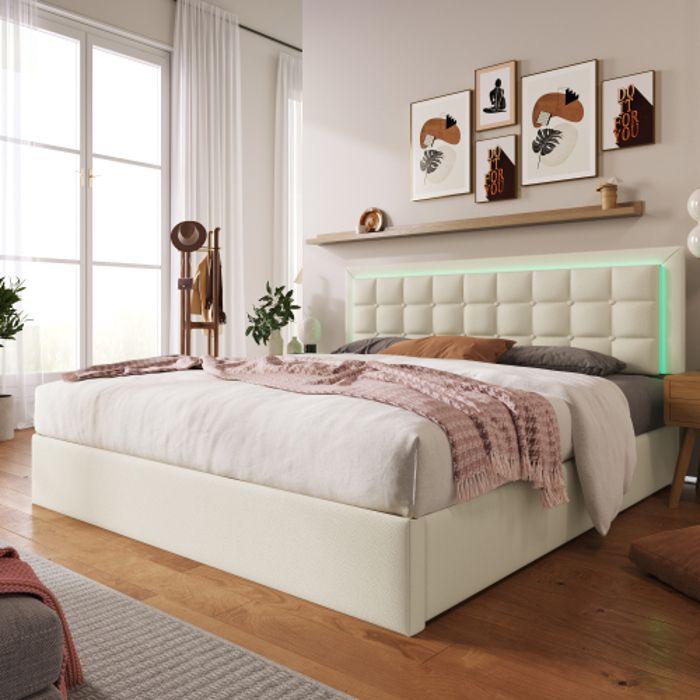 Lit double - MUVOE - 140x200 cm - Similicuir blanc - Éclairage LED - Rangement intégré