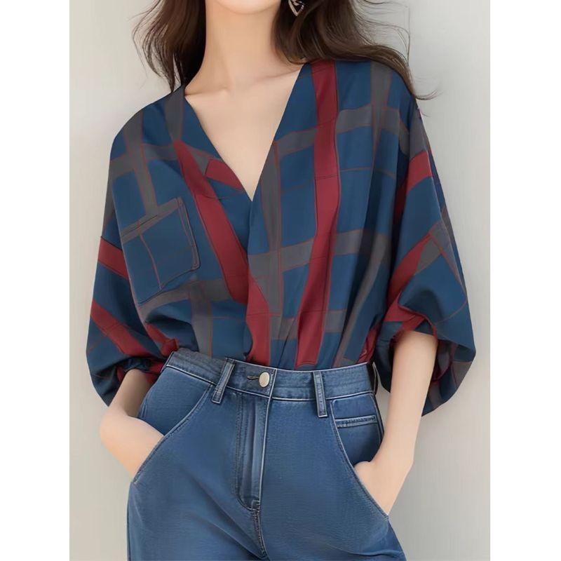 

Red and Blue Plaid Three-Quarter Sleeve Casual Chic Unique Shirt Shirt S