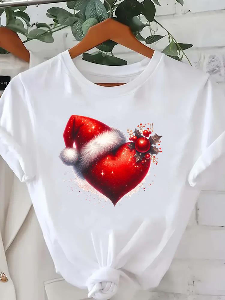 (Asian Size) Short Sleeve T-shirts  Print merry Christmas o-neck festival lovely Women's Top new year T Clothing Fashion holiday Graphic Tee