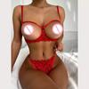Women's Sexy Solid Color Leakage Lace Bra See-Through Underwear Split Set