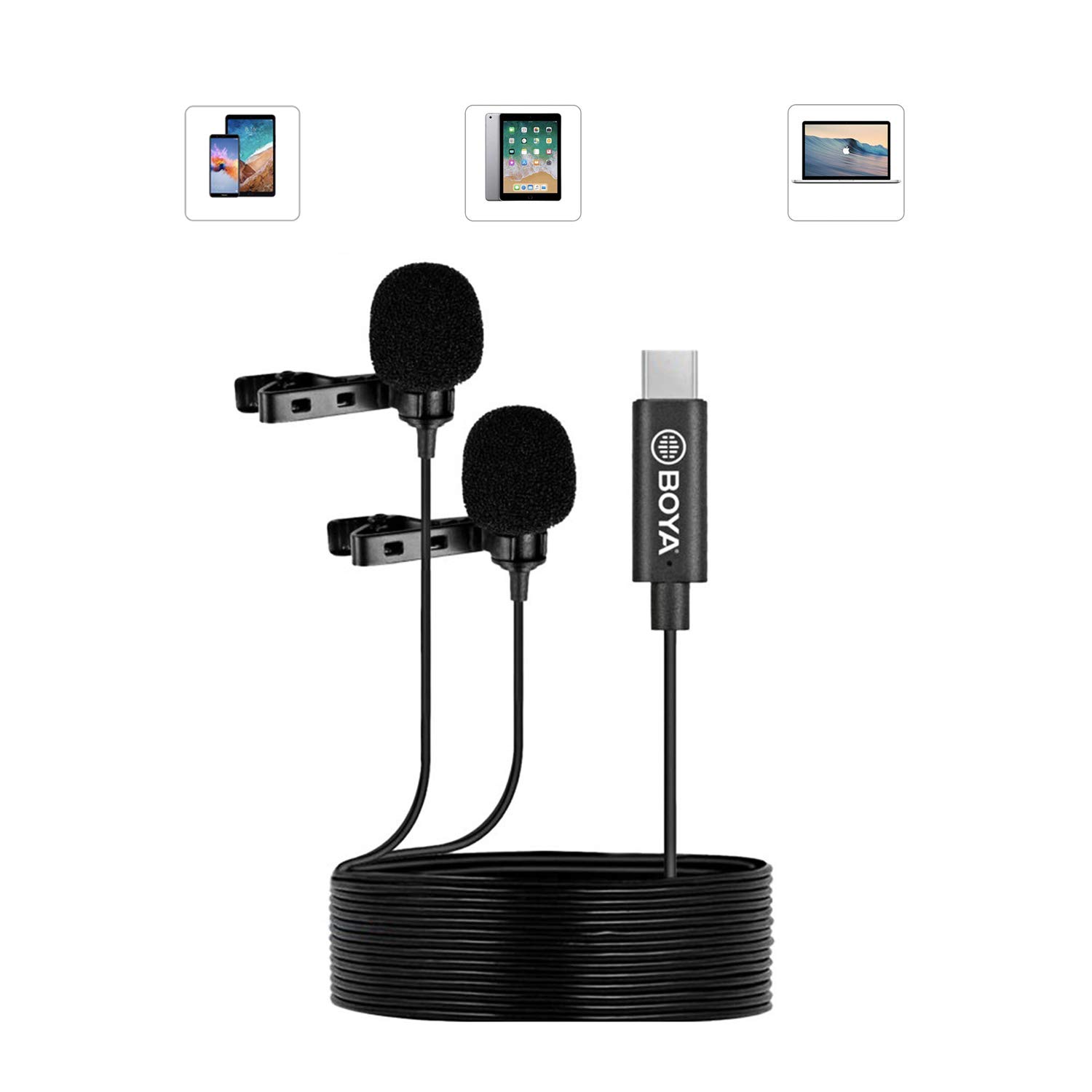 

BOYA Digital Lavalier Omnidirectional Microphone with USB Connector for iPad Samsung Google and Other Smartphones BY-M3D Dual-Head Clip-on Type-C Pro,