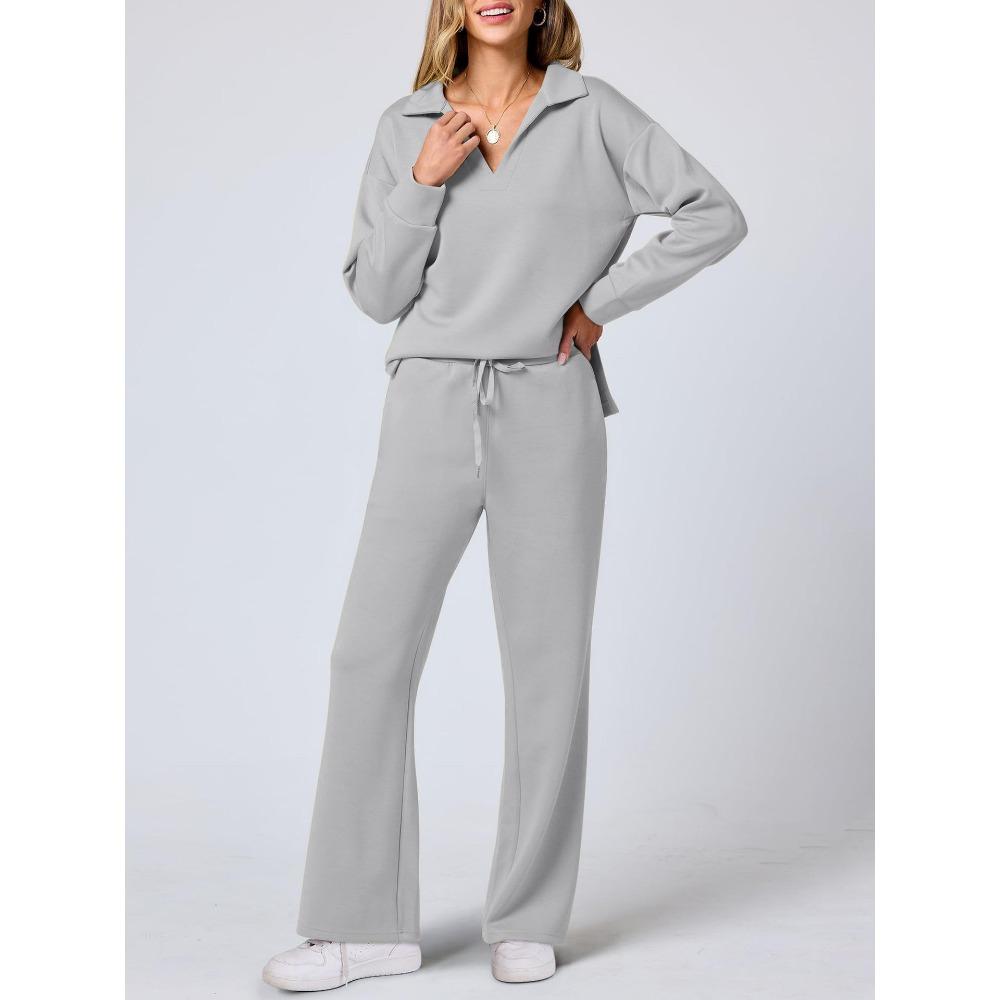 Suéter de cuello en V de manga larga deportivo informal de moda de otoño e invierno para mujer, pantalones de pierna ancha, traje de dos piezas
