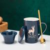Shangqi Gold Rim Blue Elk Ceramic Mug with Lid & Spoon