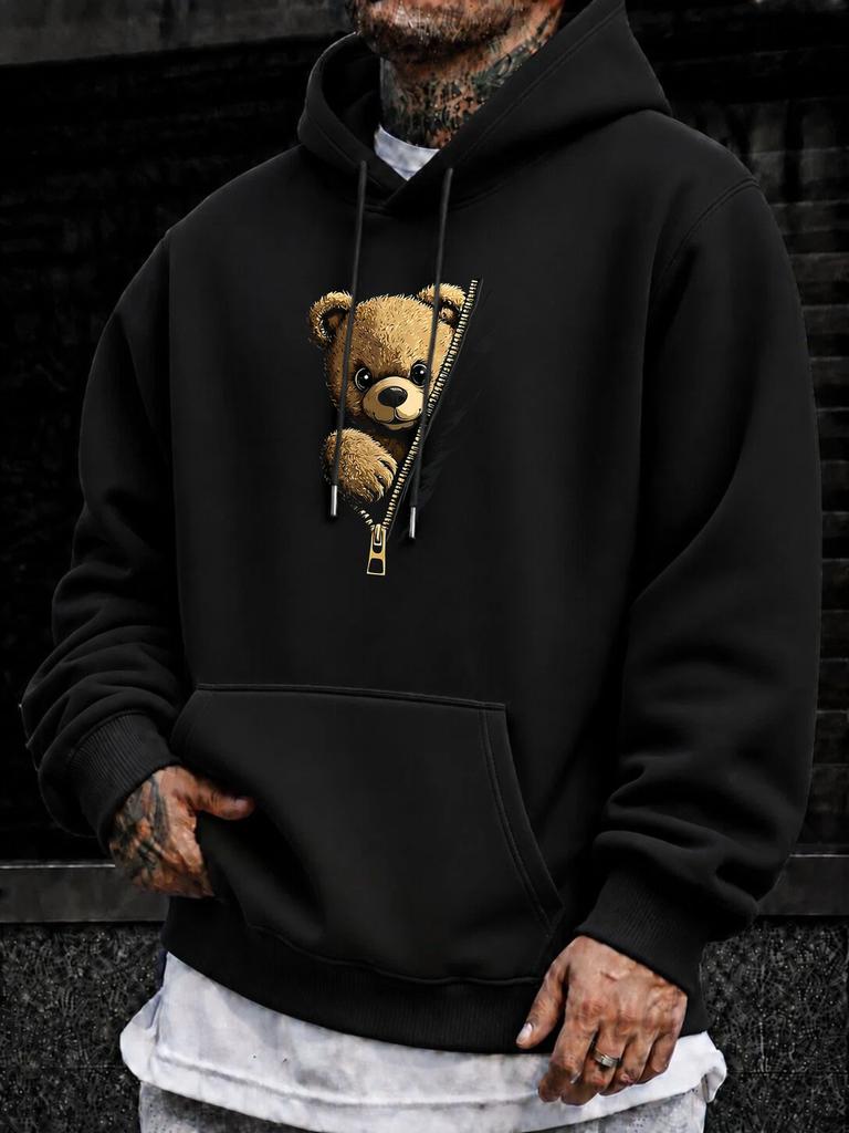 Unisex Hoodie, Casual Daily Wear, Cute Teddy Bear Zipper Print Graphic, Pullover Sweatshirt, Streetwear Urban Style, Autumn Winter Outdoor, Long Sleev