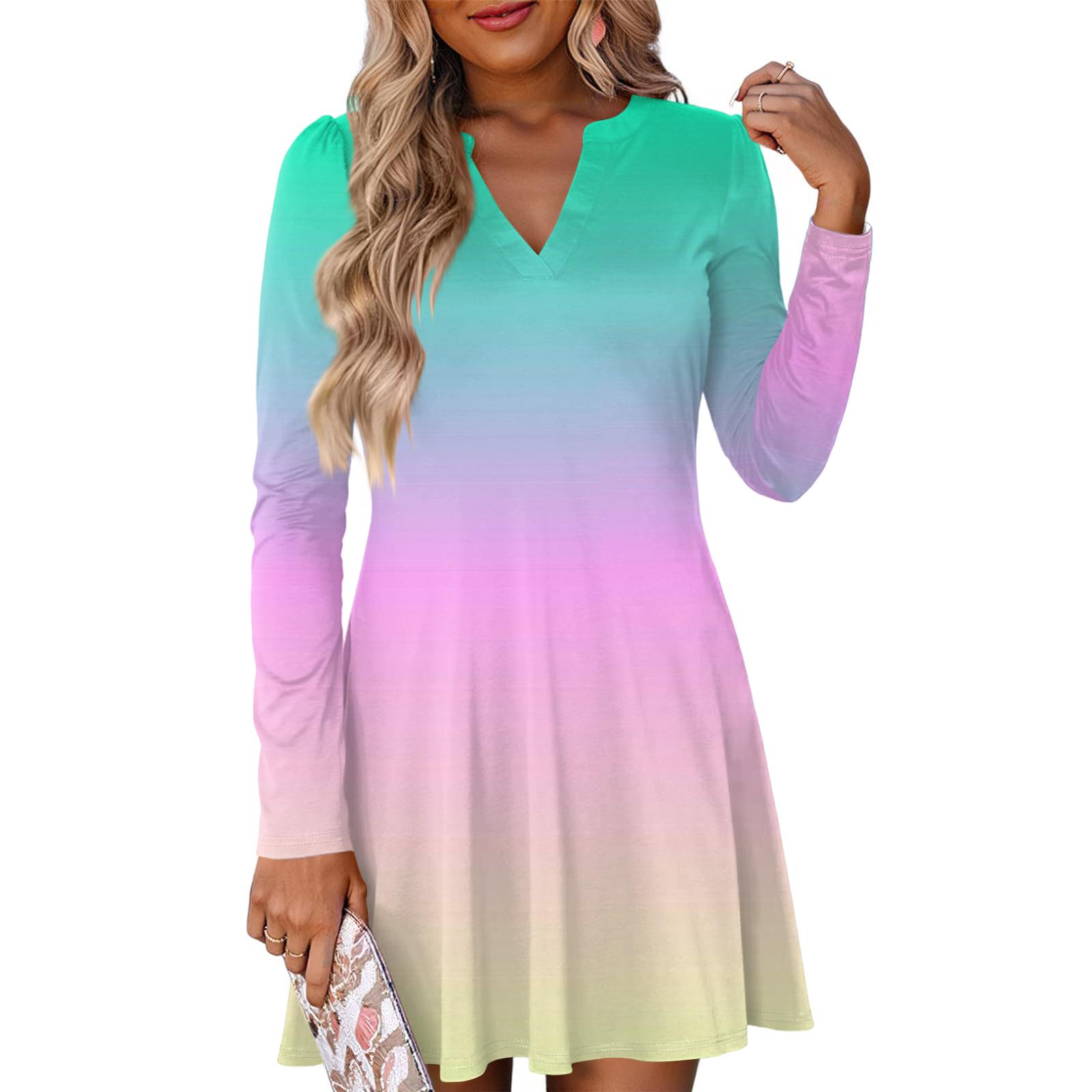 

Женское модное платье с градиентным V-образным вырезом и длинными рукавами XL циан