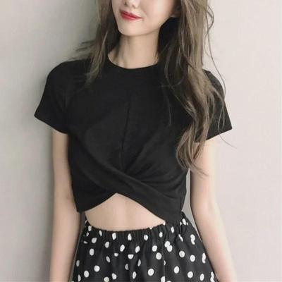 Korean Style Cropped Solid Color Slim Fit Short Sleeve Women's T-Shirt